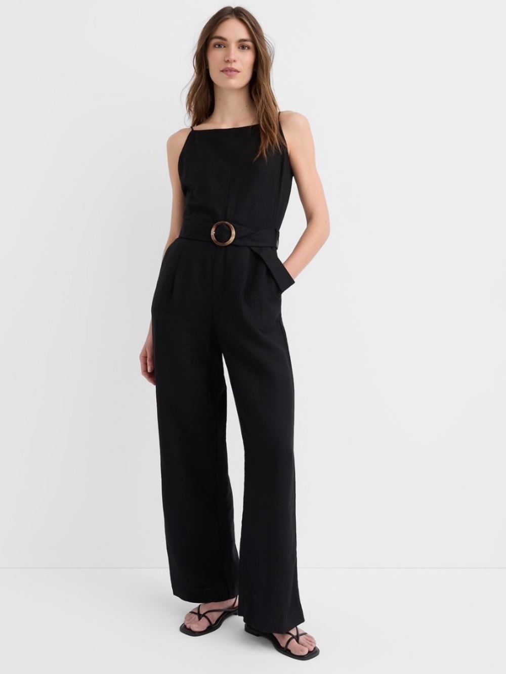 Black Wide-Leg Sleeveless Linen-blend Jumpsuit with Belt